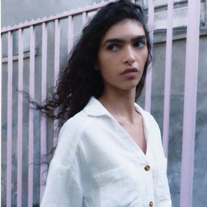 Zara Women’s 100% Linen White Short Sleeve Button Front Blouse Shirt Top Larg